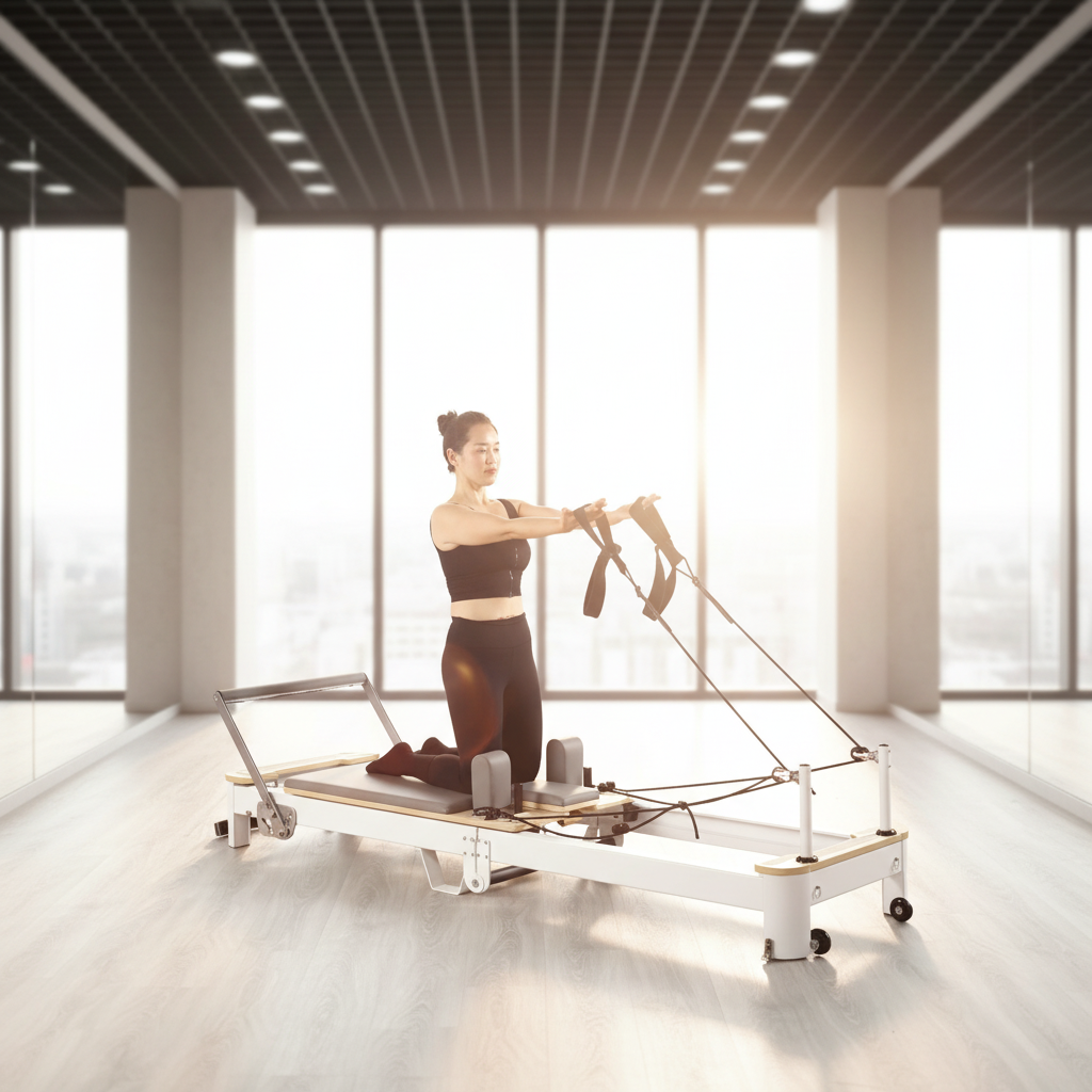 Pilates & Yoga Reversible Mockneck Sweatshirt - Oak Pilates Reformer, White Aluminum Foldable,